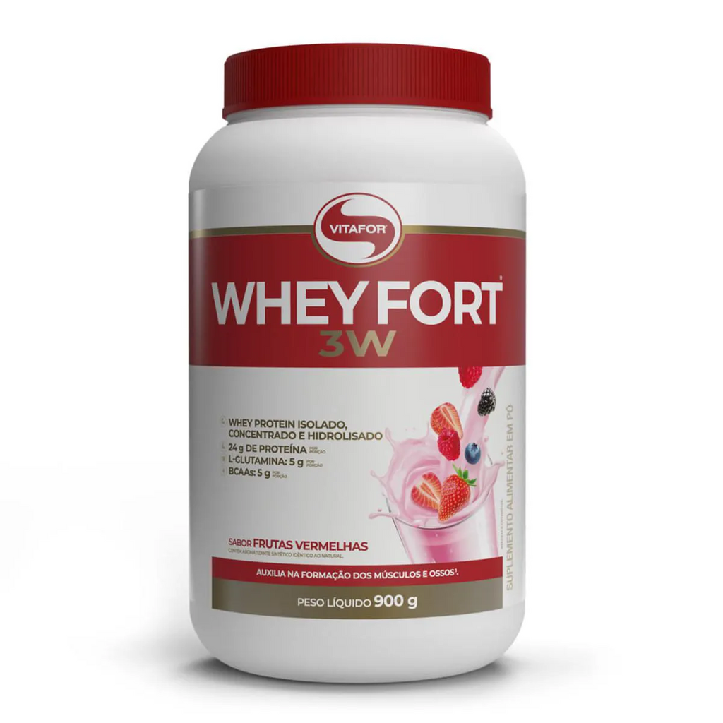 Whey Fort 3w Whey Protein Isolado Concentrado E Hidrolisado Sabor Frutas Vermelhas 900g Vitafor